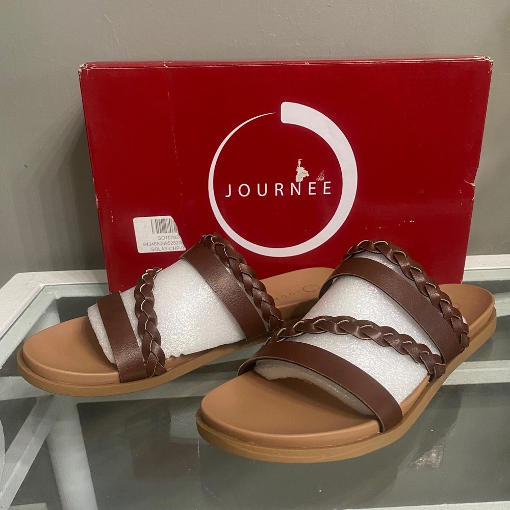 Journee Collection Colette Brown Braided Multi Strap Slide Sandals Womens 9M